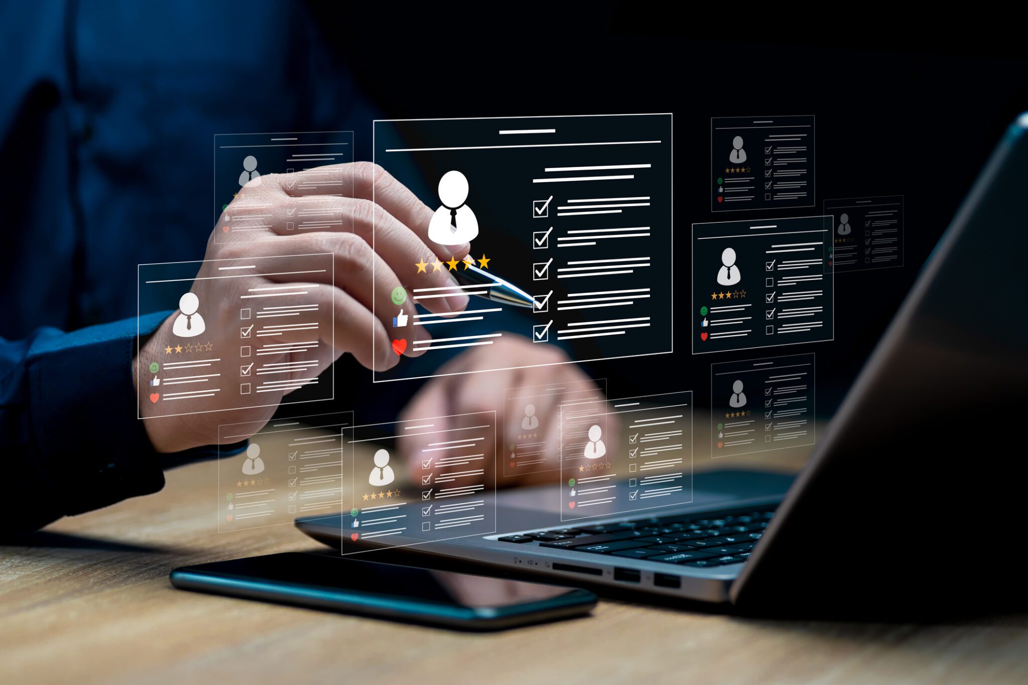 AI audit framework visual showing digital evaluation dashboards and rating metrics analyzed on a laptop interface.